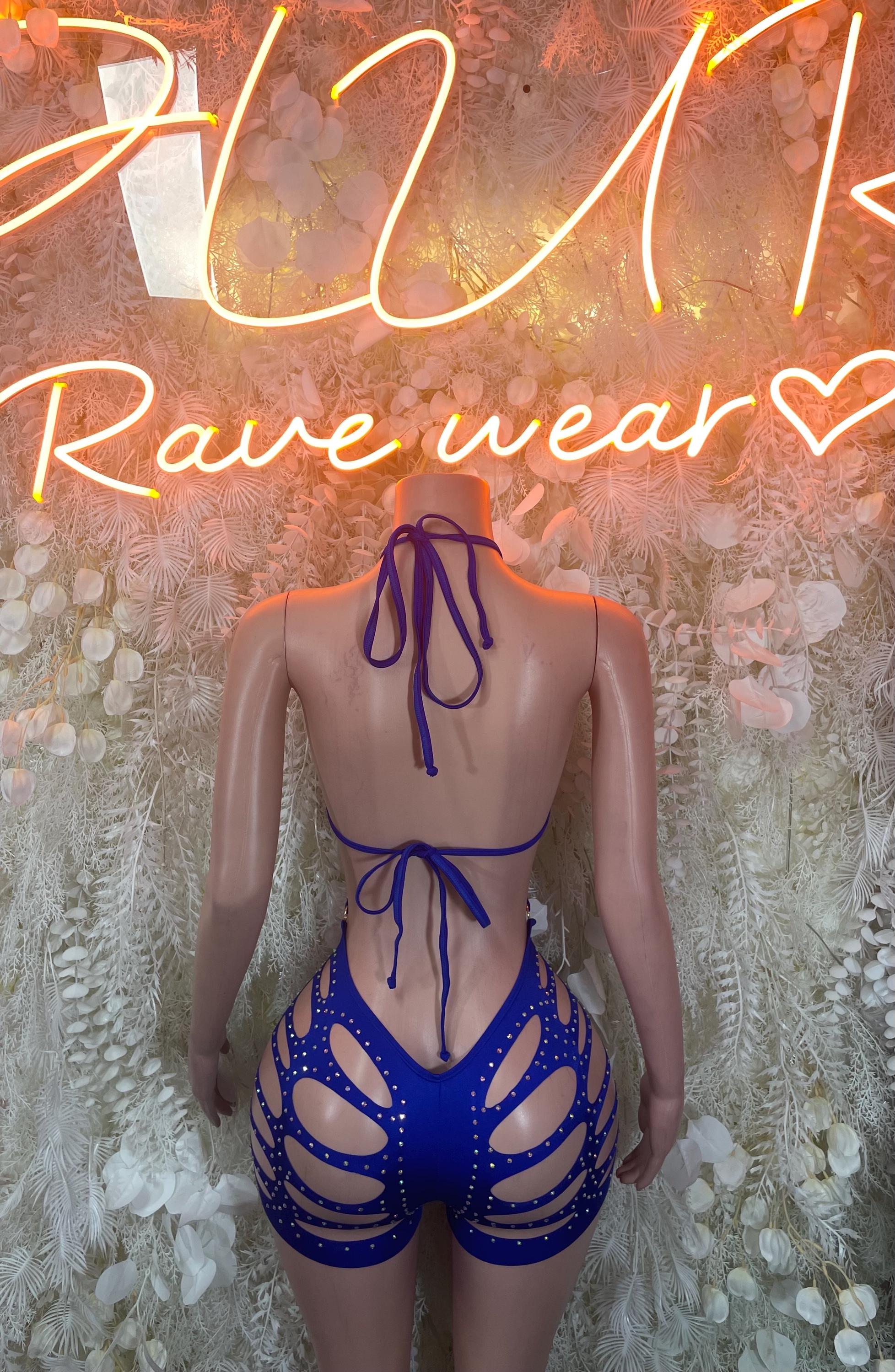 Blue rhinestone festival bodysuit with crisscross back straps and cutout high-leg shorts