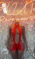 Red rhinestone halter one-piece bodysuit with strappy cutout front, festival dancewear
