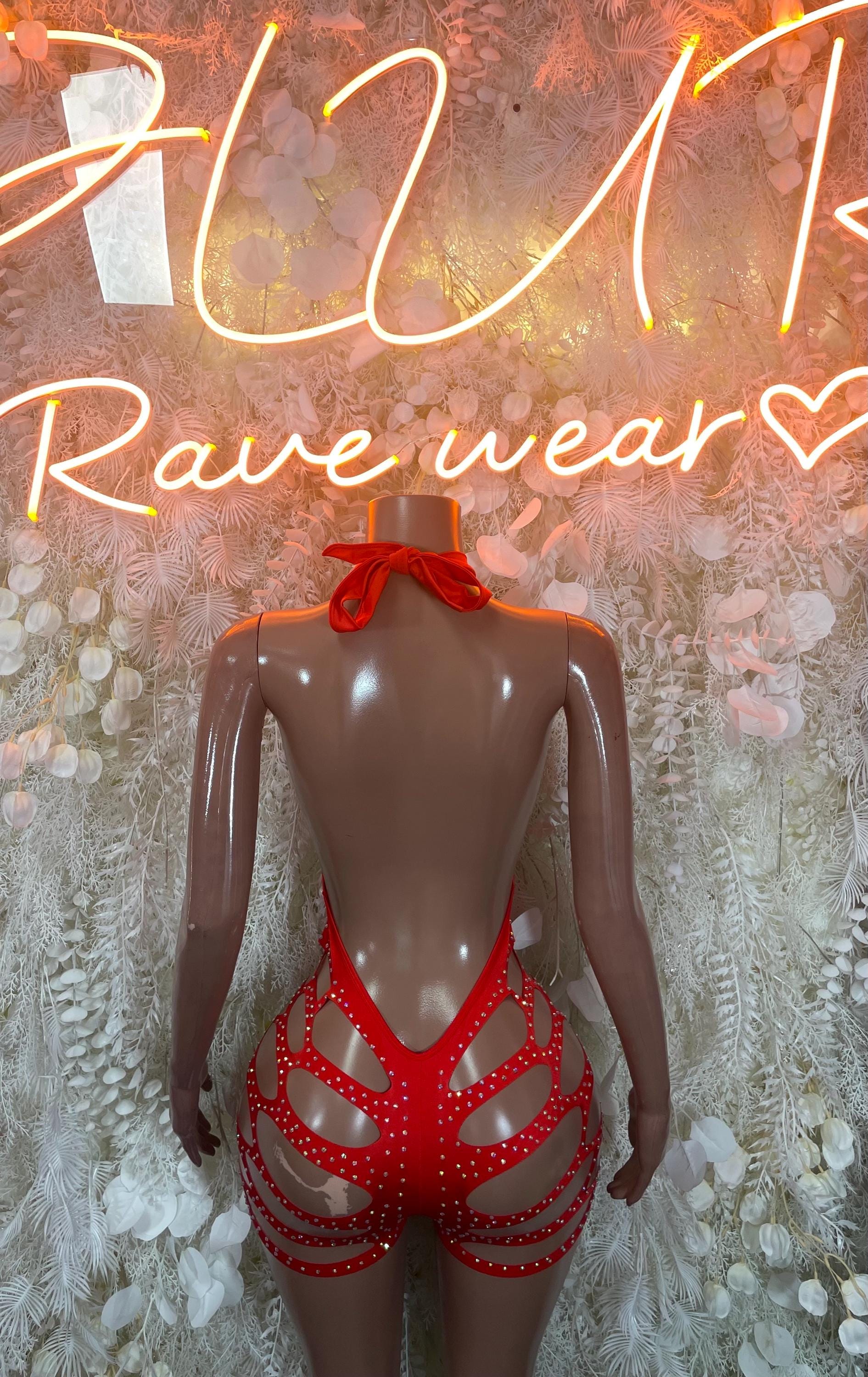 Red rhinestone open-back one-piece bodysuit with crisscross cutout back, dancewear