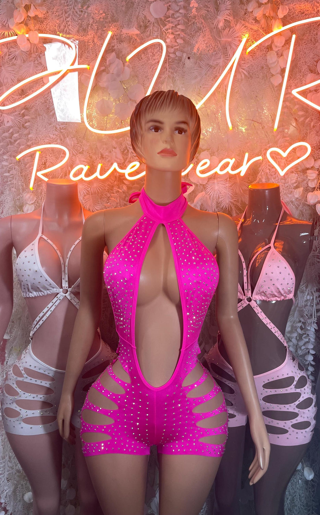 Pink rhinestone halter bodysuit with neck tie and oval cutout front