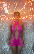 Pink rhinestone halter bodysuit with teardrop cutout front and strappy shorts