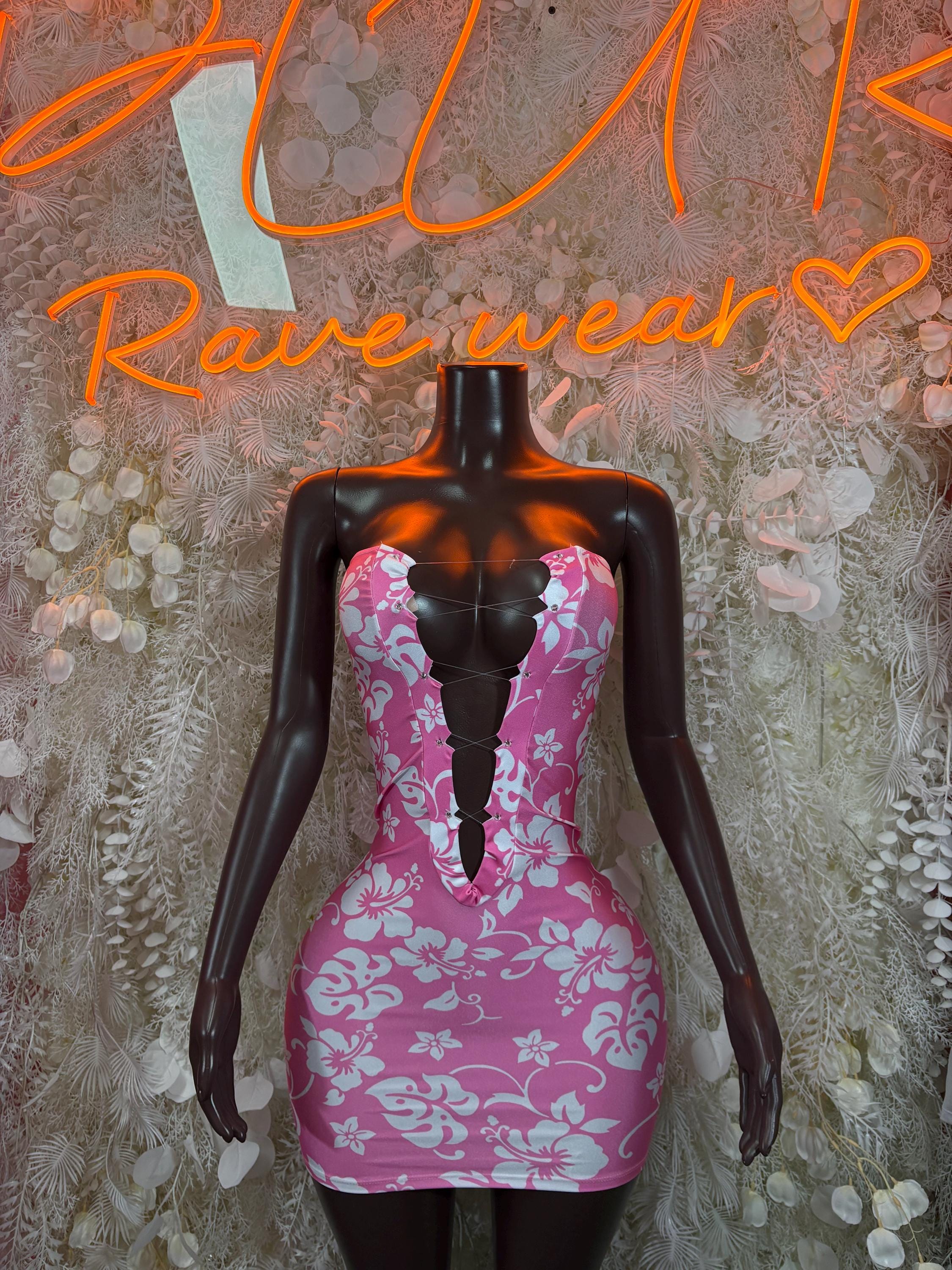 Pink floral fitted mini dress bodysuit, sweetheart neckline and long sleeves