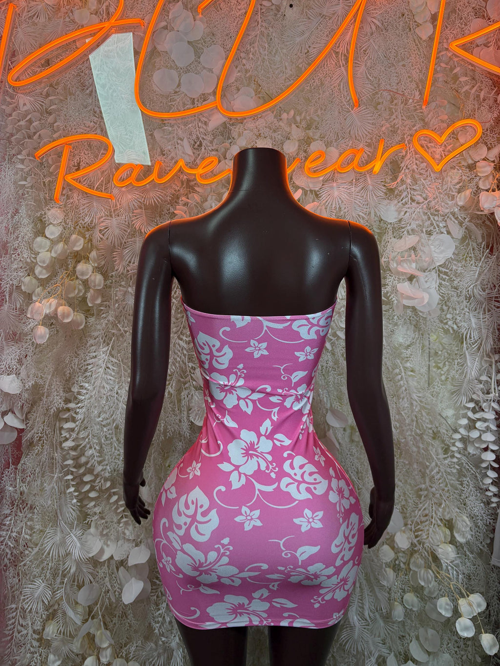 Pink floral fitted mini dress bodysuit, scoop back, center seam