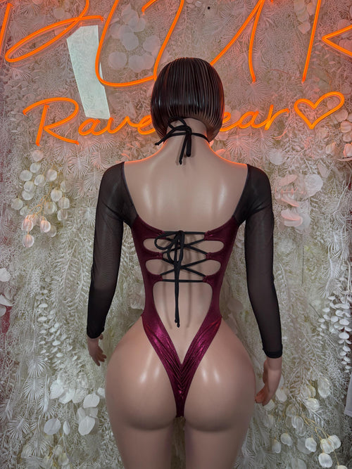 Back view maroon bodysuit with central lace-up straps and long black mesh sleeves