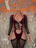 Burgundy satin bodysuit with sheer black sleeves and crisscross lace-up front