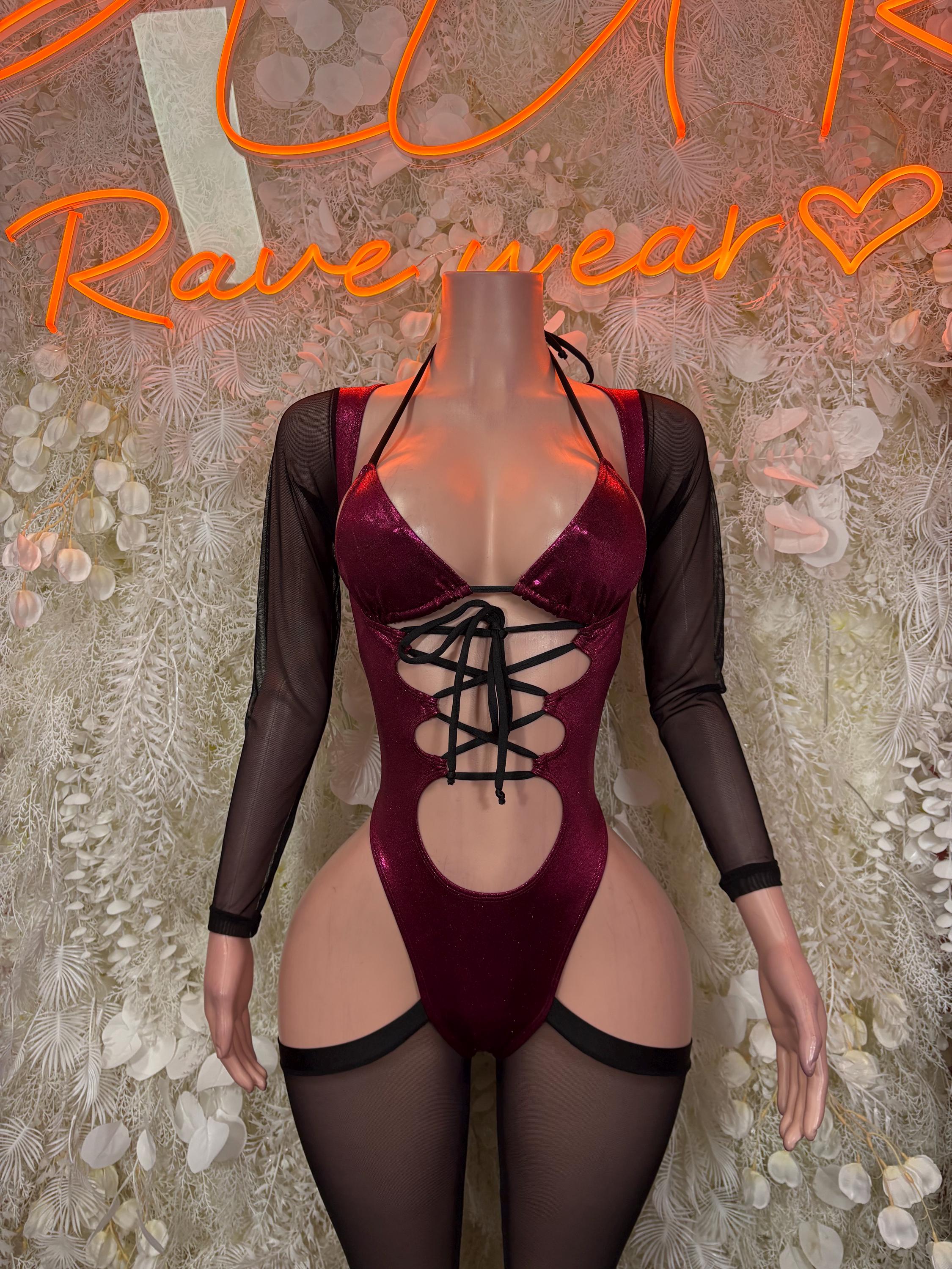 Burgundy satin bodysuit with sheer black sleeves and crisscross lace-up front