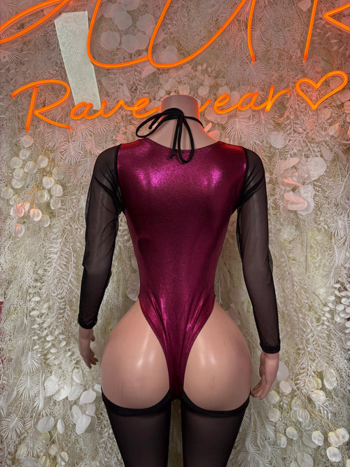 Burgundy satin bodysuit with back tie bow and sheer black sleeves