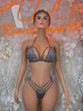 Rhinestone bikini set with triangle bra and thong bottoms, dark stones, front view