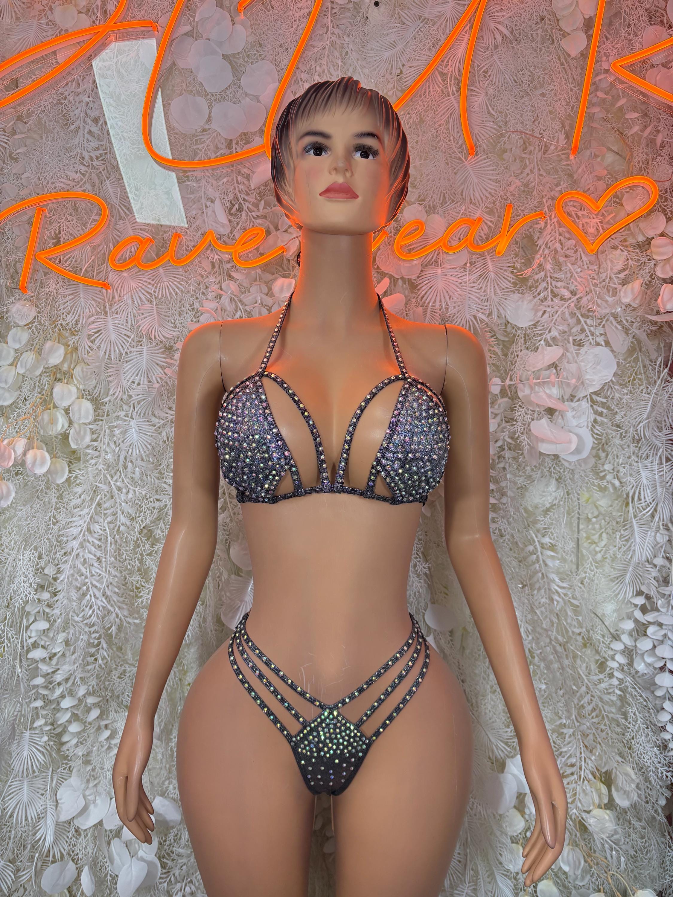 Rhinestone bikini set with triangle bra and thong bottoms, dark stones, front view