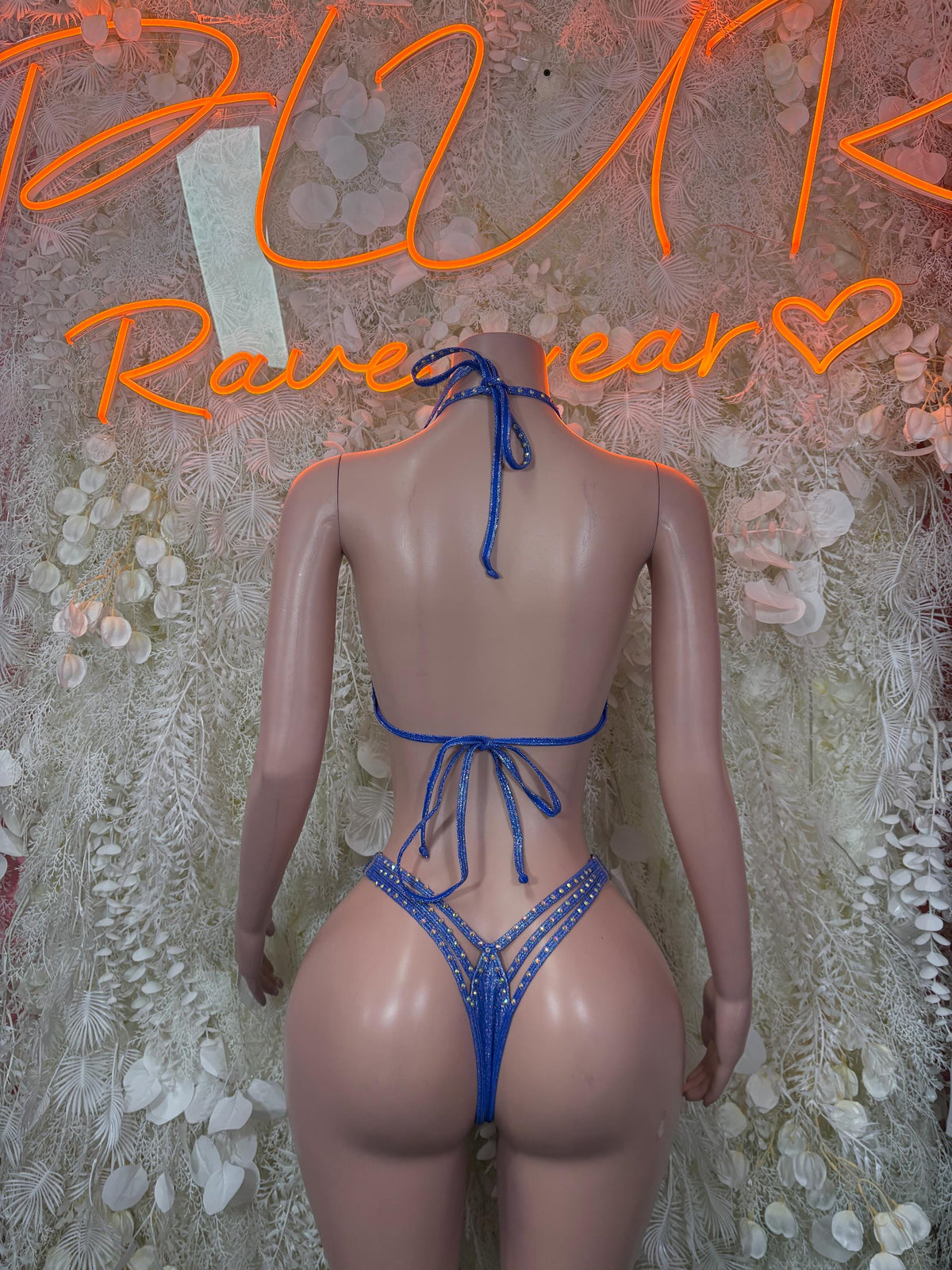 Blue rhinestone tie-back bikini with triangle top and matching high-cut bottoms