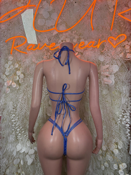 Blue rhinestone bikini set, back view with crisscross tie strings and thong