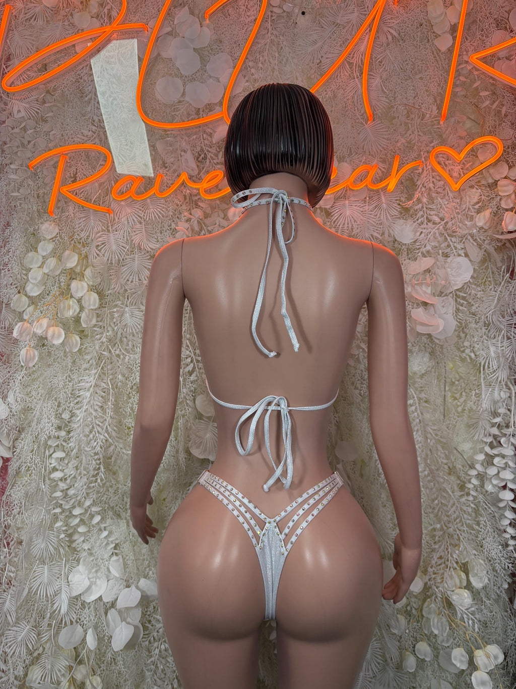 White rhinestone bikini set back view with thin tie straps and matching strappy bottoms