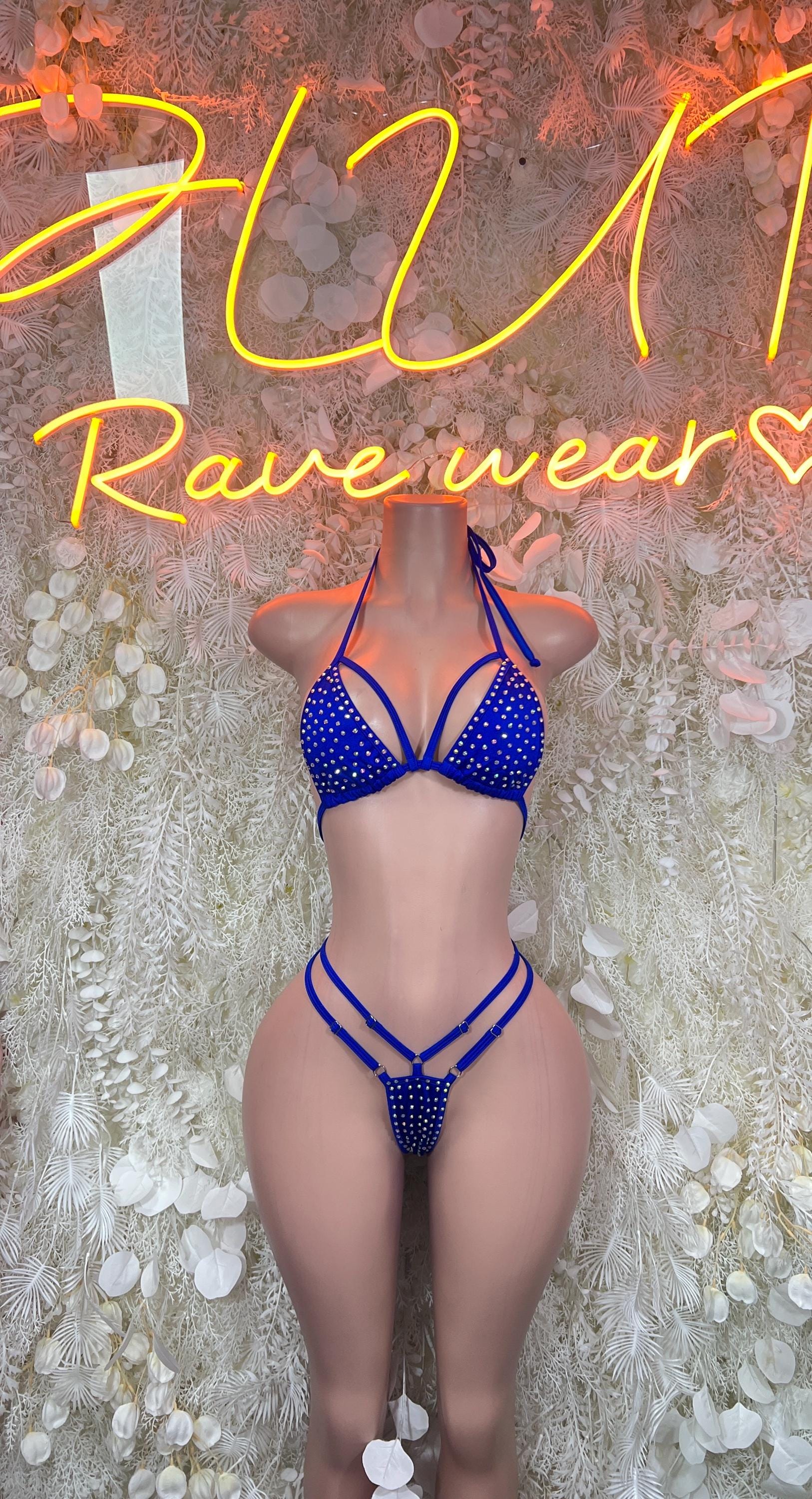 Blue rhinestone bikini set with triangular bra and matching cheeky bottoms, front view