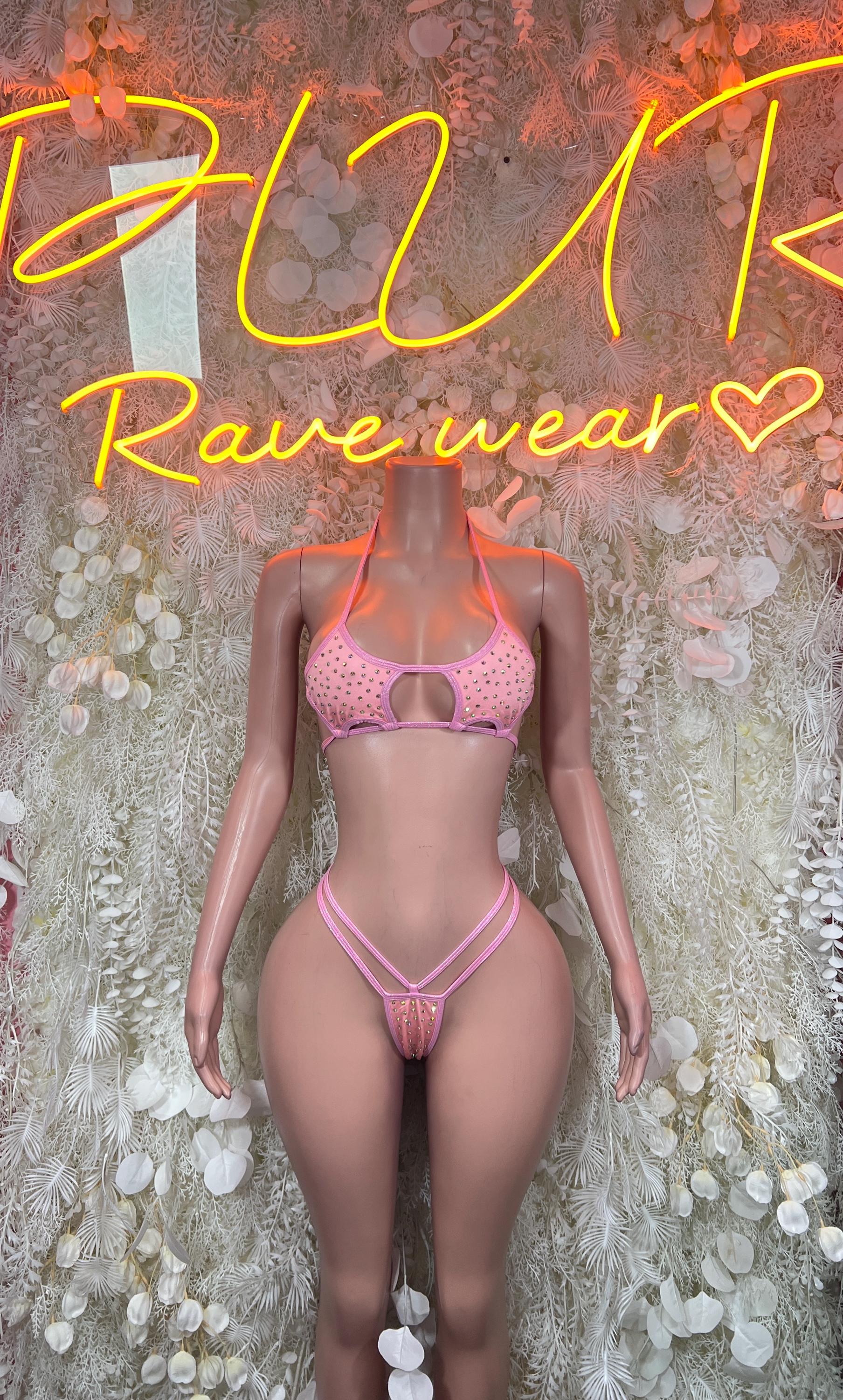 Pink rhinestone bikini set with triangle bra and tie-side bottoms, front view
