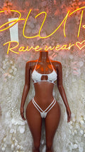 White rhinestone halter bikini set with matching high-cut bottoms
