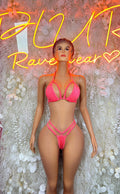 Coral rhinestone triangle bikini set with strappy thong bottoms, front view