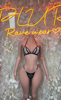 Black rhinestone strappy bikini set with triangle bra and thong-style bottoms