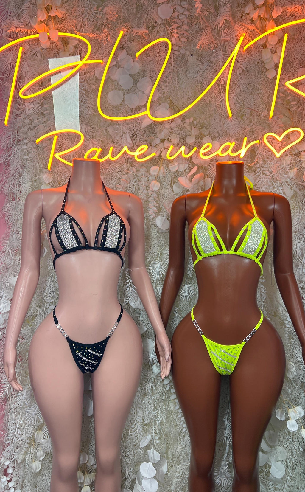 Rhinestone bikini set: black and neon green/yellow triangle bra with matching bottoms