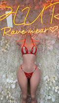 Red rhinestone halter bikini set with tie-back top and matching thong bottoms