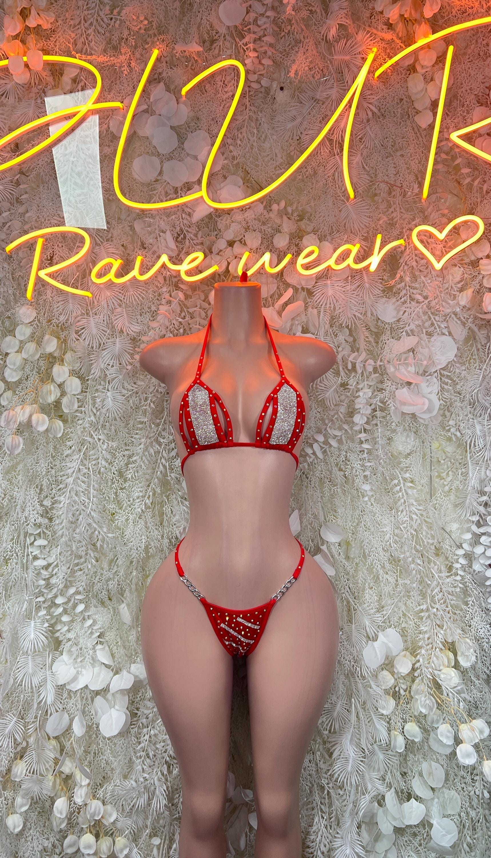 Red rhinestone halter bikini set with tie-back top and matching thong bottoms
