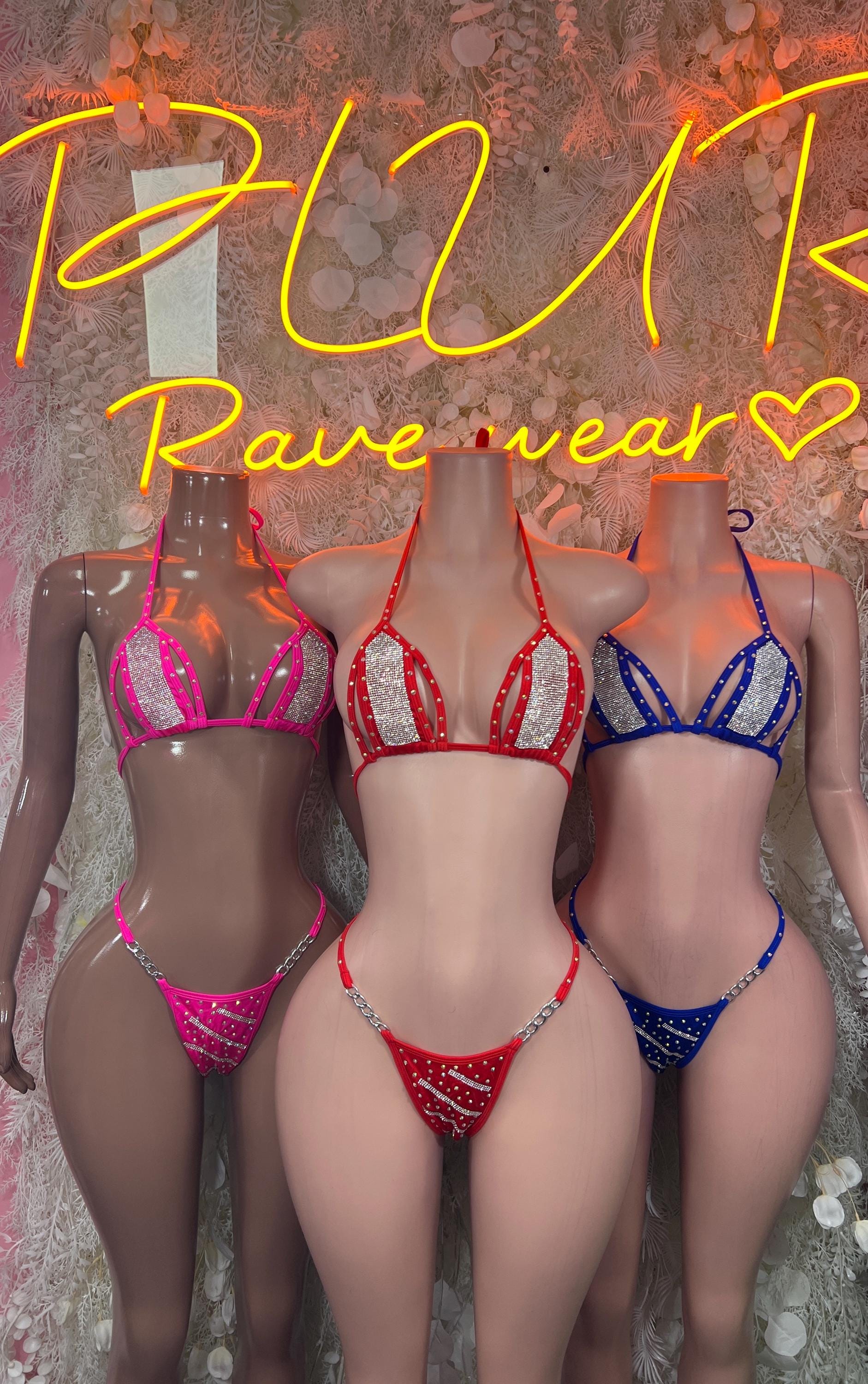 Rhinestone bikini set assortment with halter tops: pink, red, and blue with matching bottoms