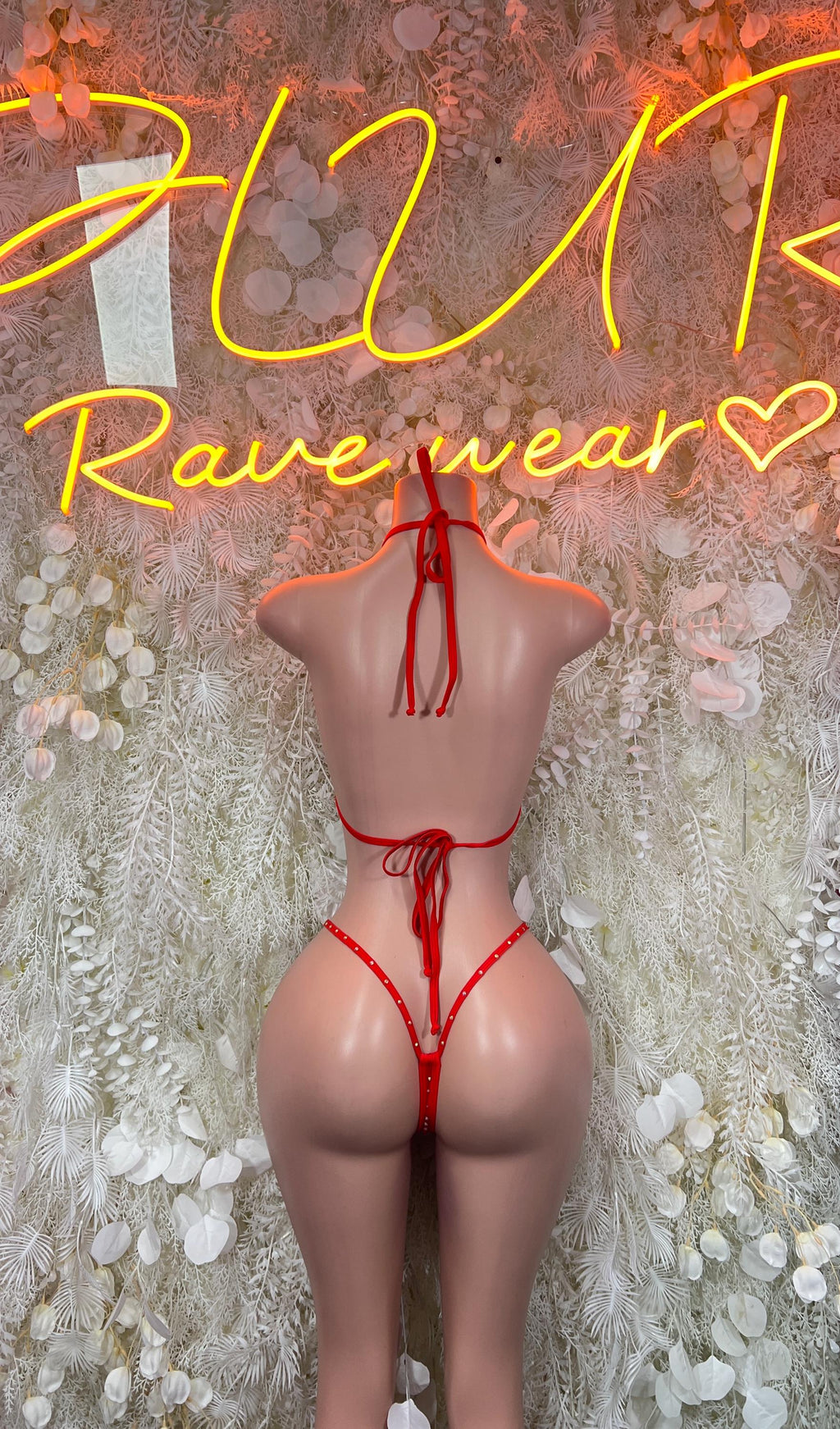 Red rhinestone bikini set with halter top and strappy back thong bottoms