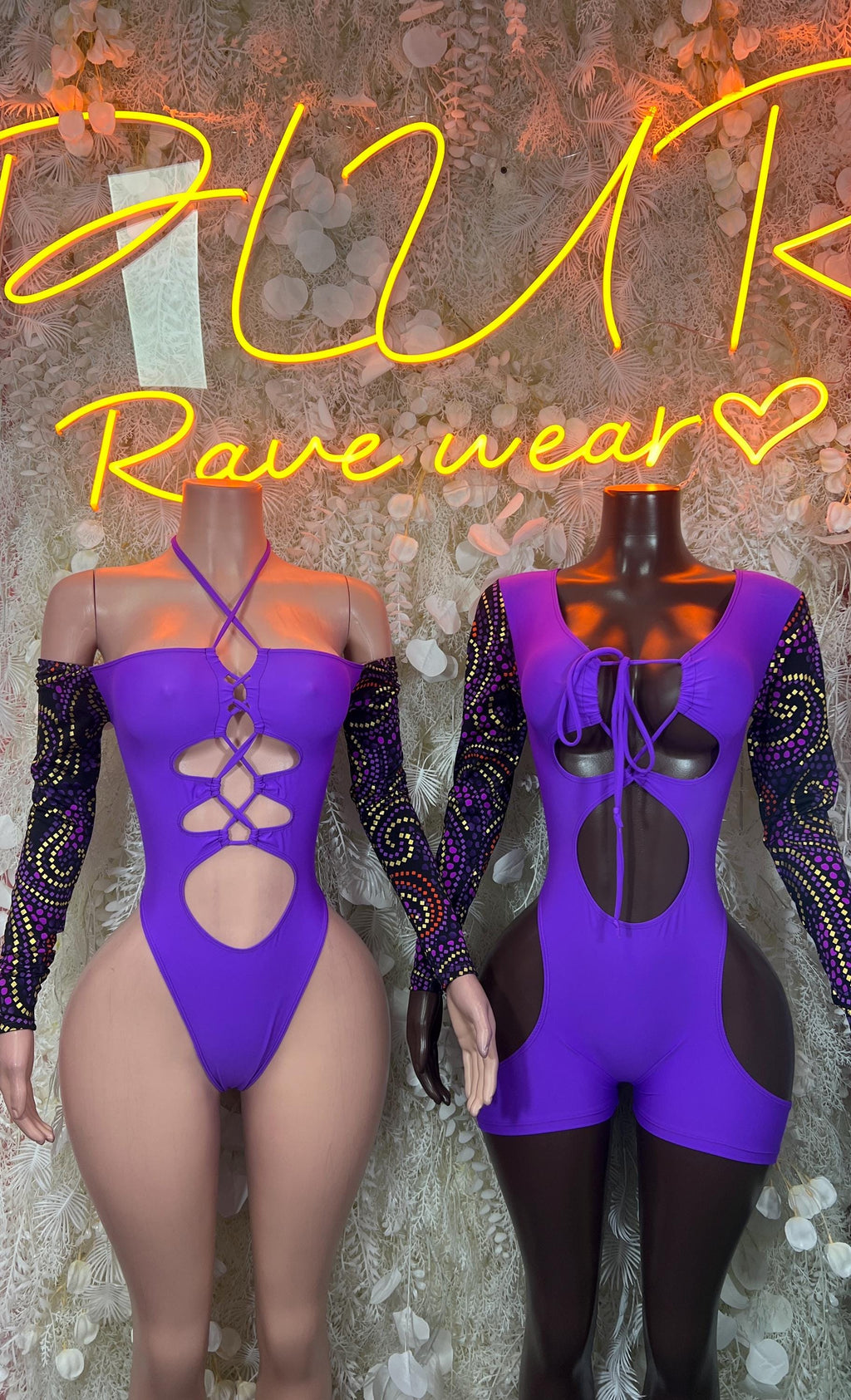 Purple cutout bodysuit with long sequin sleeves, plus matching purple mini dress