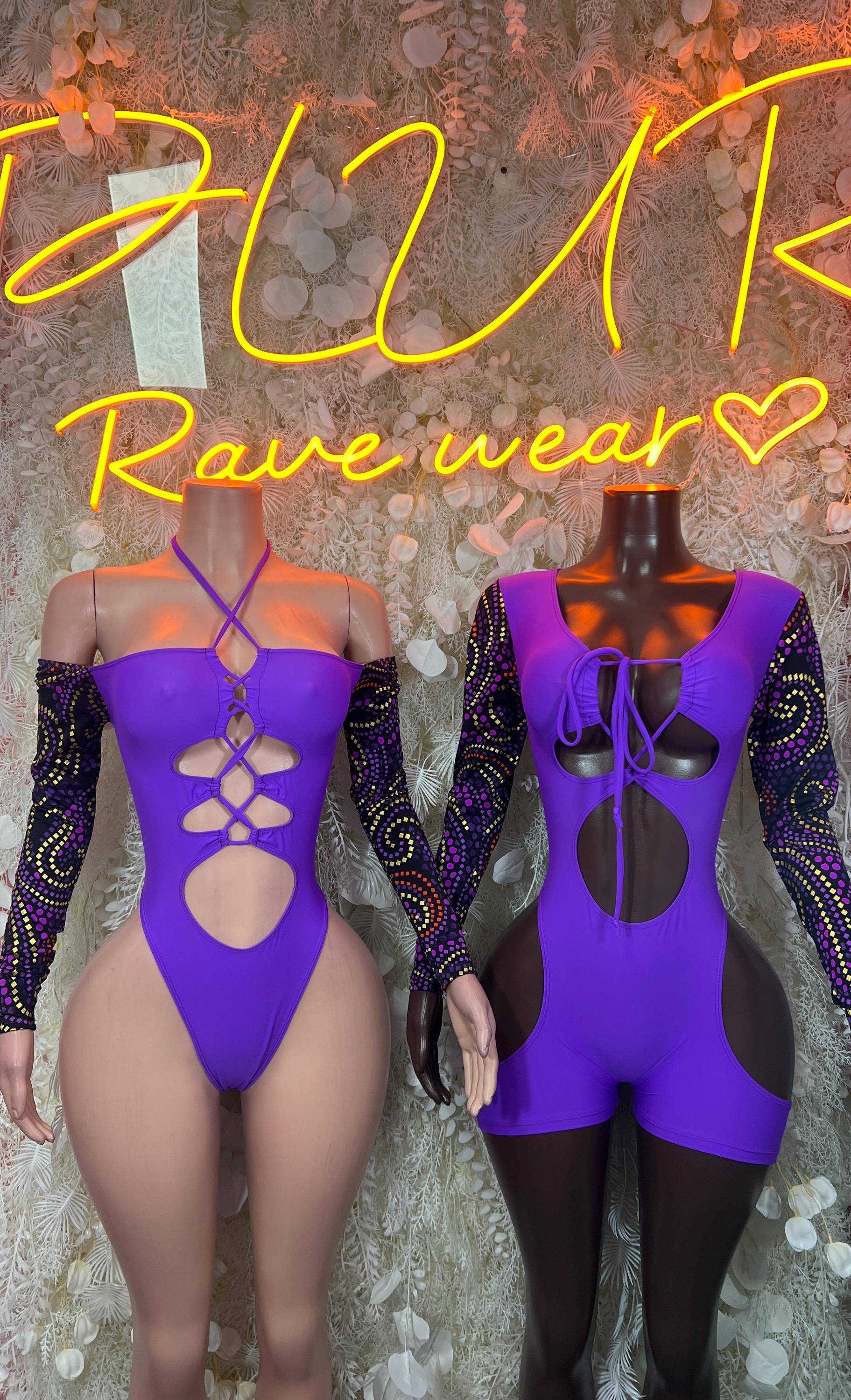 Purple cutout bodysuit with long sequin sleeves, plus matching purple mini dress