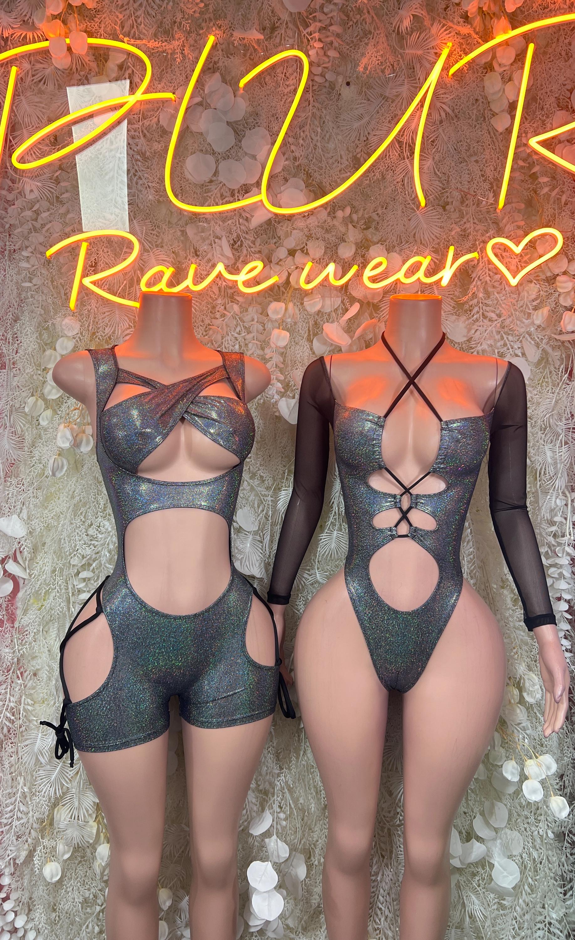 Chrome metallic performance bodysuits, front cutouts and open-back crisscross straps