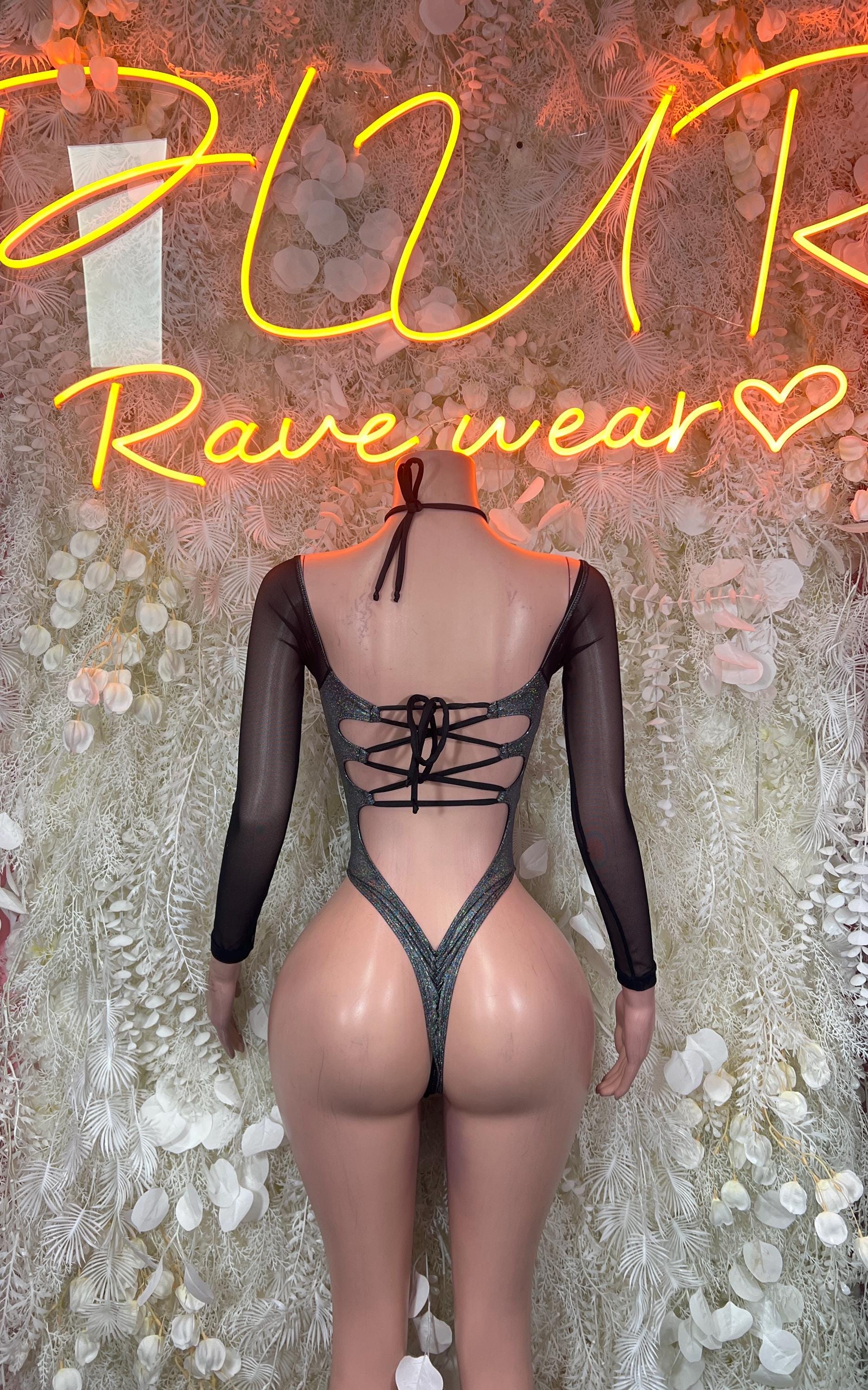 Chrome metallic bodysuit, back lace-up straps and open back with high cut