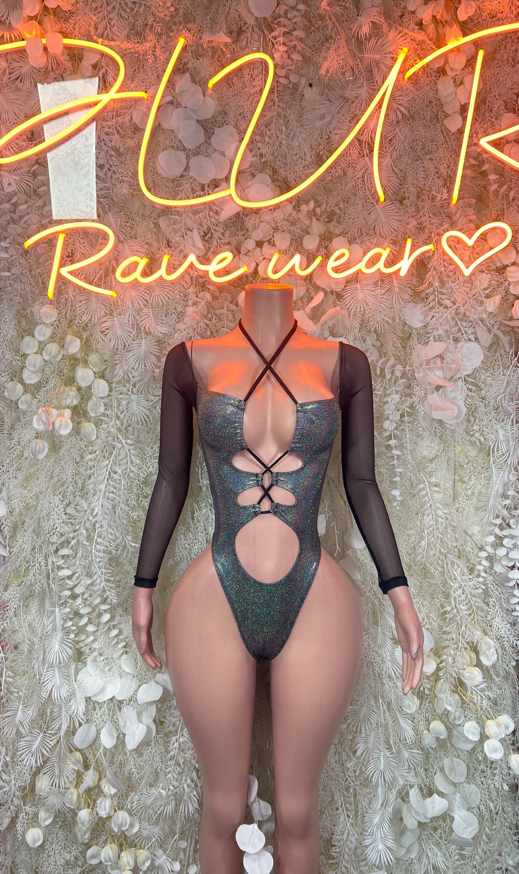 Chrome metallic bodysuit with black sheer sleeves, front lace-up cutout