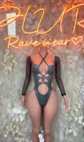 Chrome metallic bodysuit with black sheer sleeves, front lace-up cutout