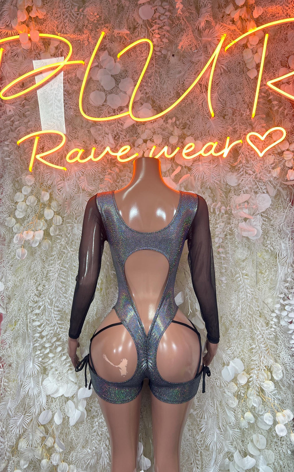 Silver metallic sheer long-sleeve bodysuit with front keyhole cutout and leg openings