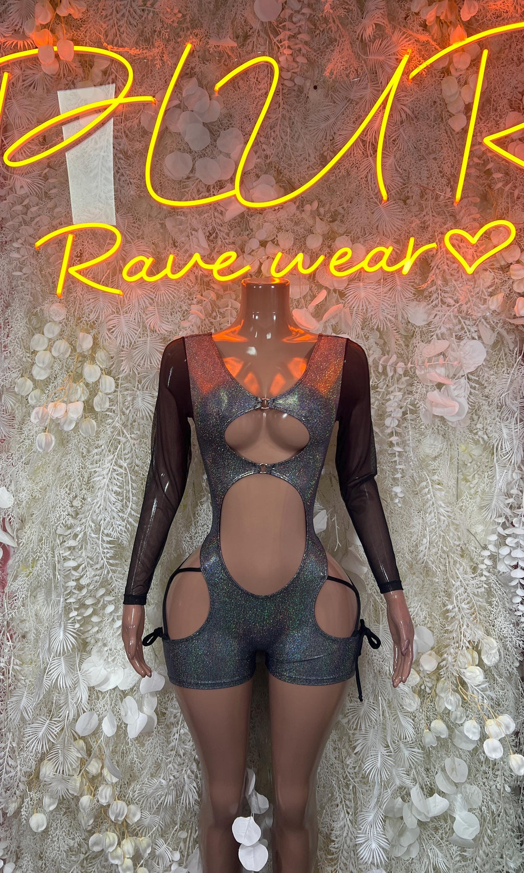 Silver metallic sheer long-sleeve bodysuit with back cutouts and hip openings