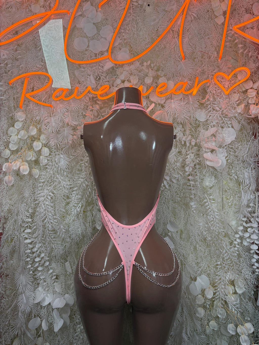 Pink and black rhinestone chainlink bodysuit, open back with silver chain straps