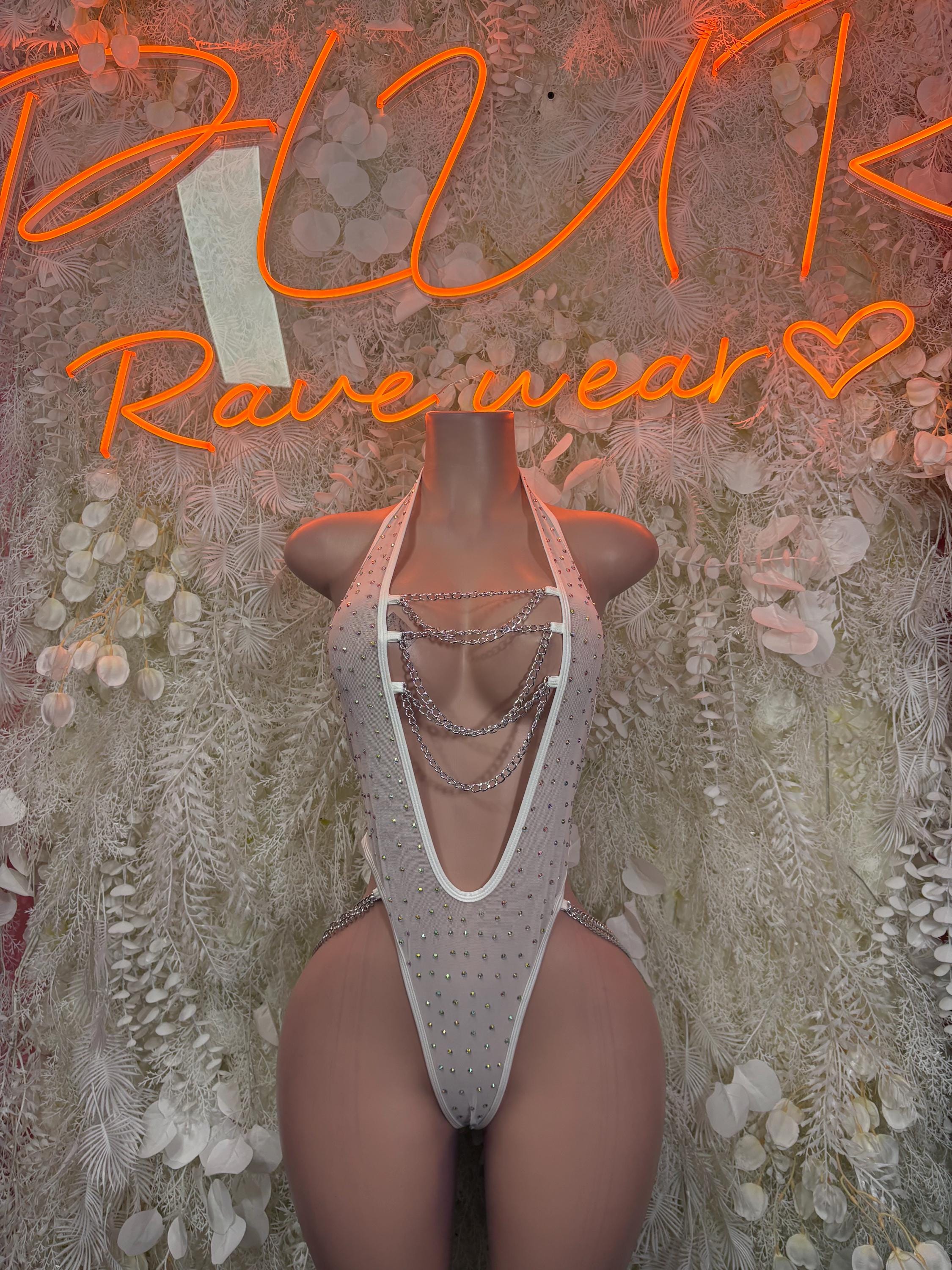 White rhinestone chain bodysuit with V-front and high-cut legs
