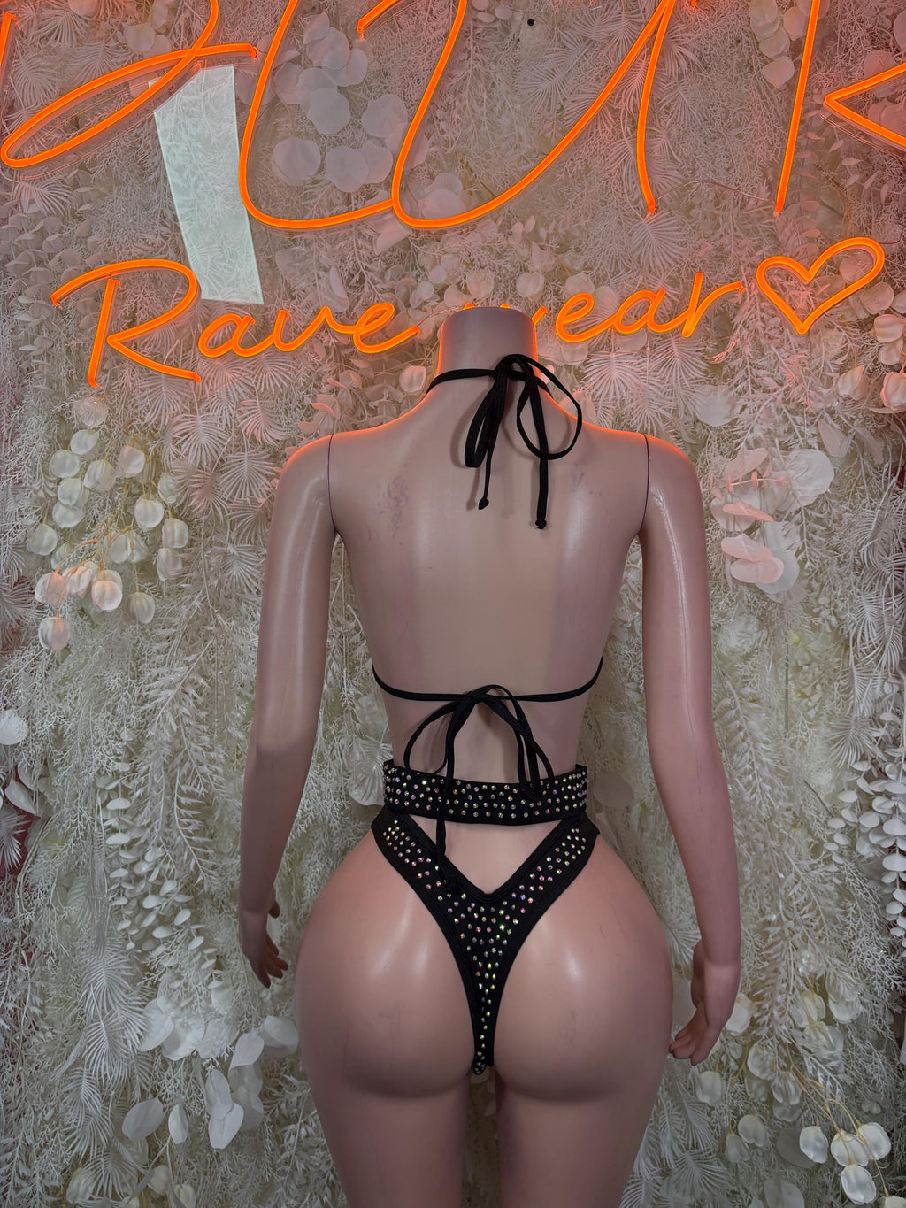 Black rhinestone two-piece bikini set with back tie and high-cut bottoms