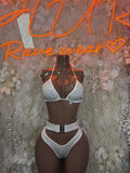 White rhinestone two-piece bikini set with halter triangle bra and high-cut bottoms