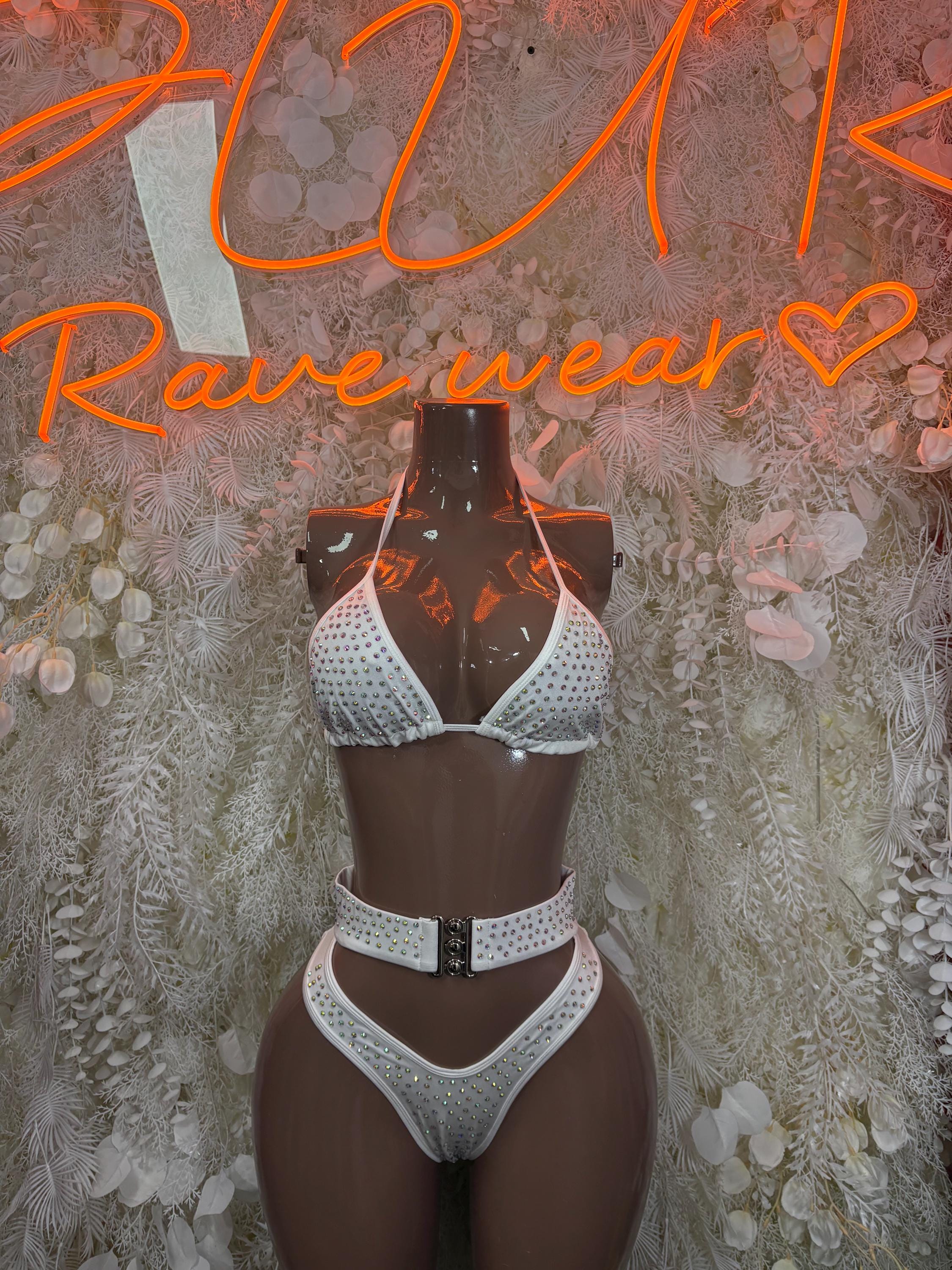 White rhinestone two-piece bikini set with halter triangle bra and high-cut bottoms