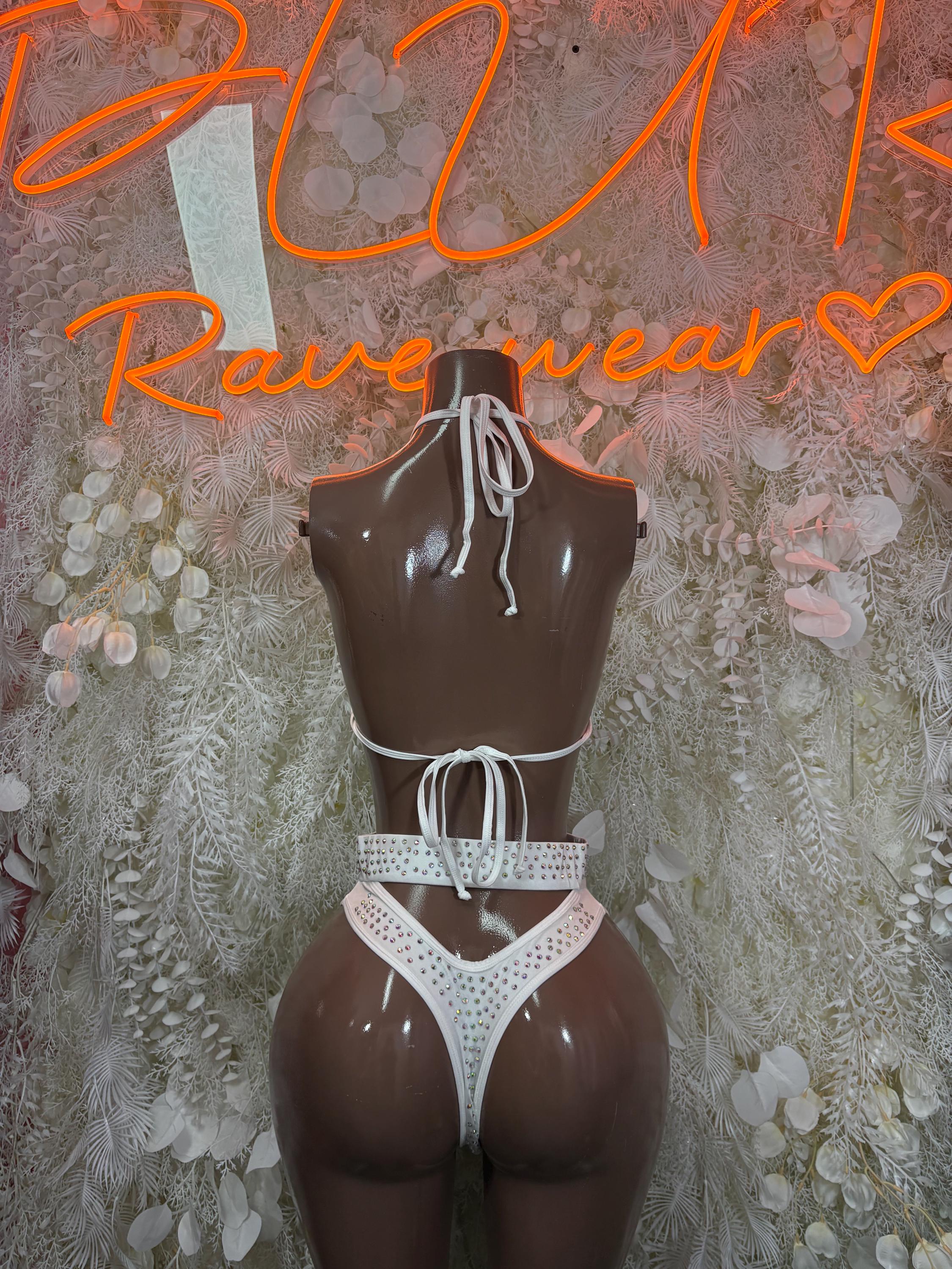 White rhinestone bikini set with tie-back halter top and high-cut thong bottoms