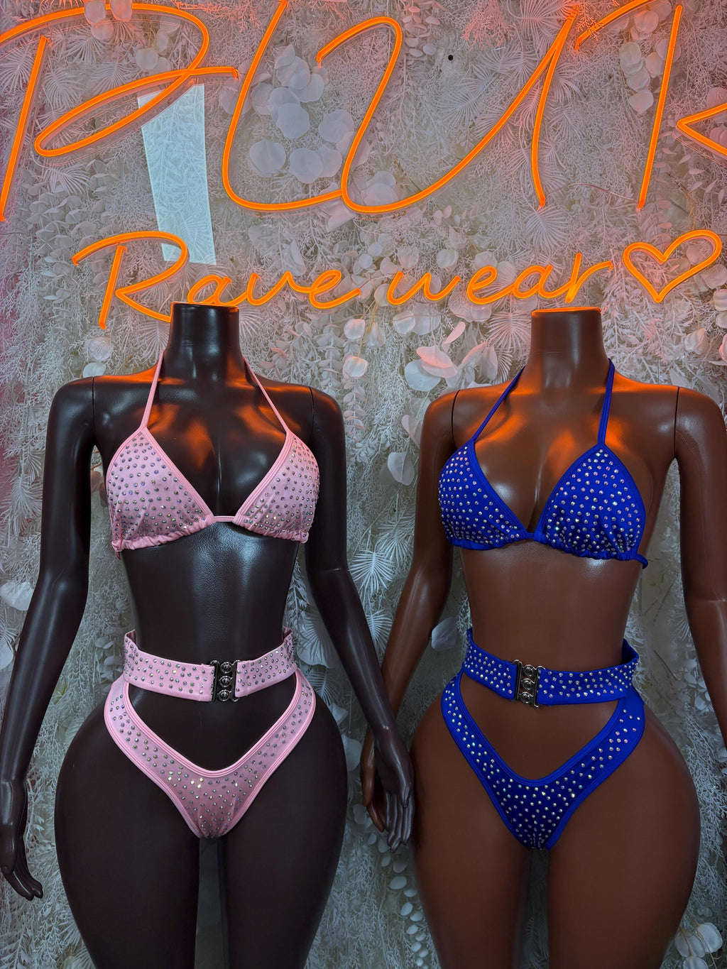 Rhinestone bikini two-piece set: pink and blue triangle bras with matching high-waist bottoms