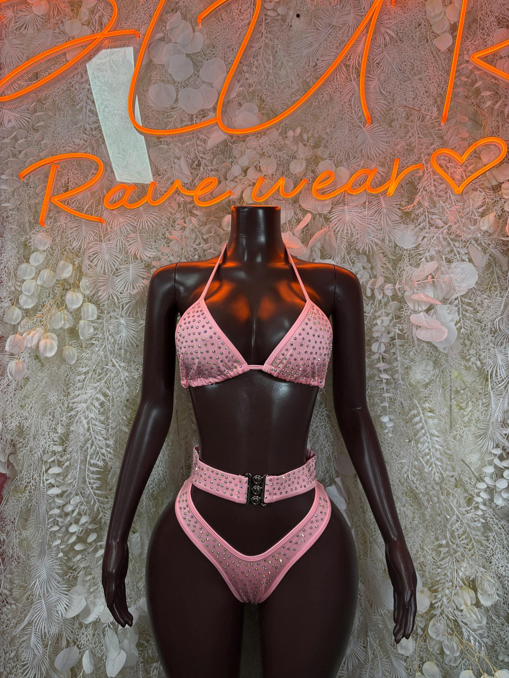 Pink rhinestone bikini two-piece with triangle bra and high-waist bottom