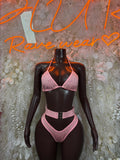 Pink rhinestone bikini two-piece with triangle bra and high-waist bottom