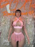 Pink halter crop top with rhinestone straps and sheer mini tutu skirt set, backless look