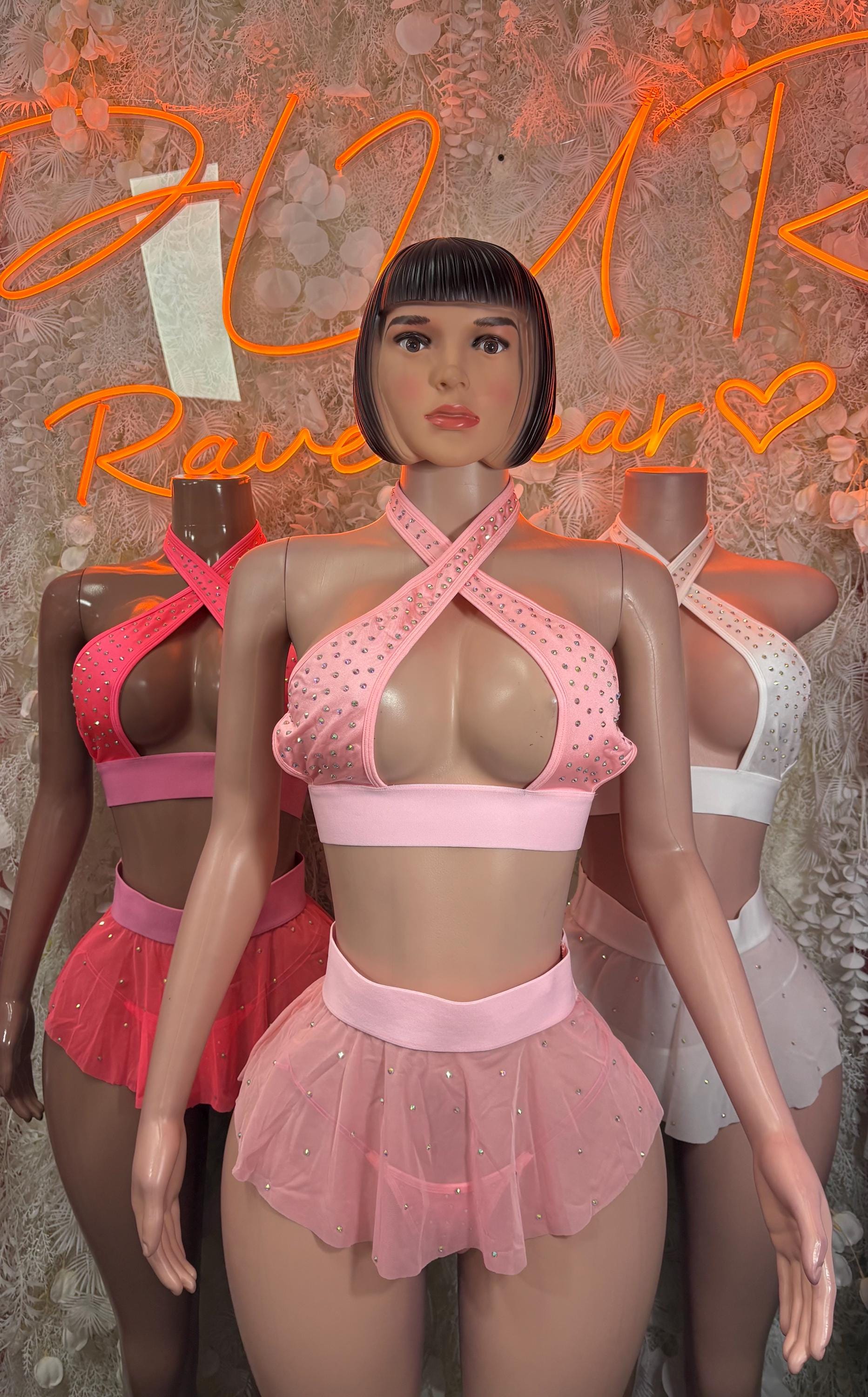 Pink rhinestone halter crop top with layered mini tutu skirt and briefs