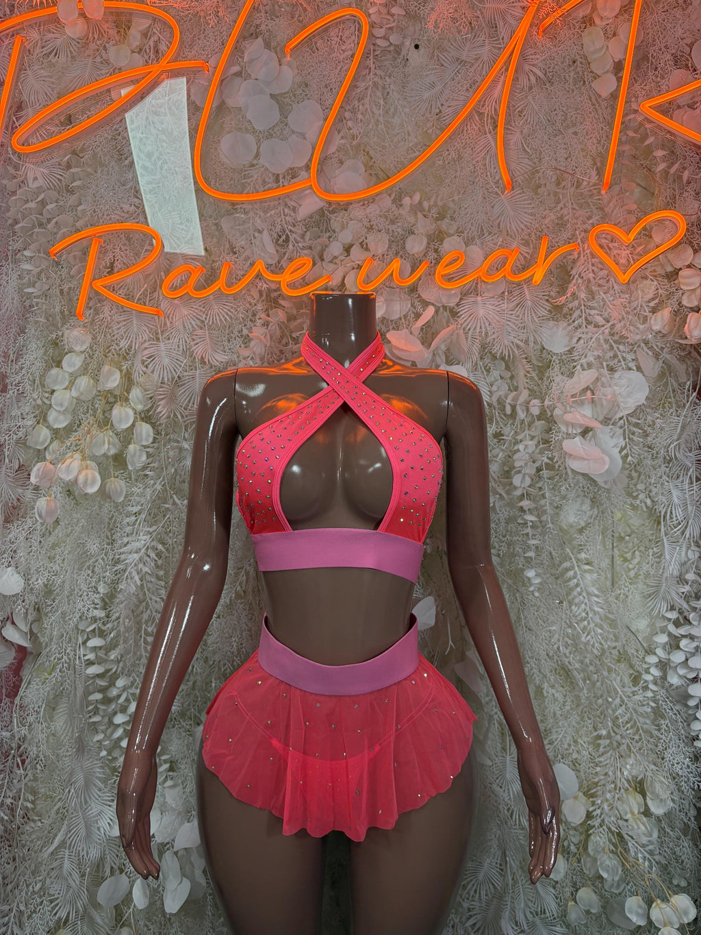Coral rhinestone mini skirt set with matching crop top and shoulder straps