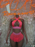 Coral rhinestone mini skirt set with matching crop top and shoulder straps