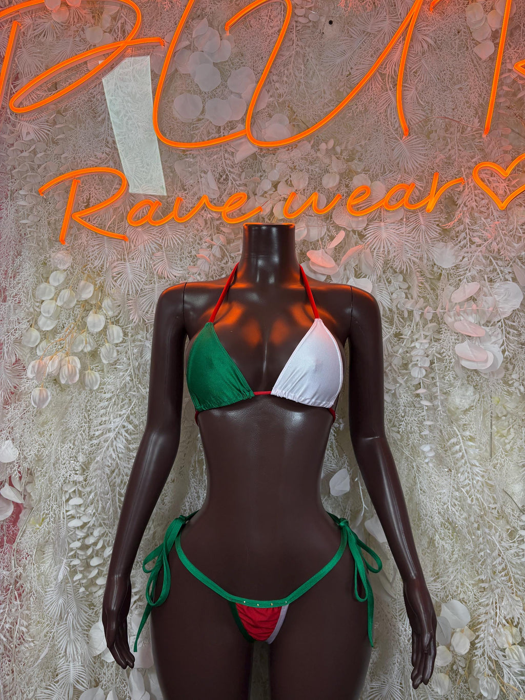 Red, green, and white triangle bikini with matching tied string bottoms