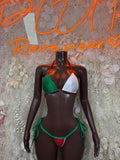 Red, green, and white triangle bikini with matching tied string bottoms