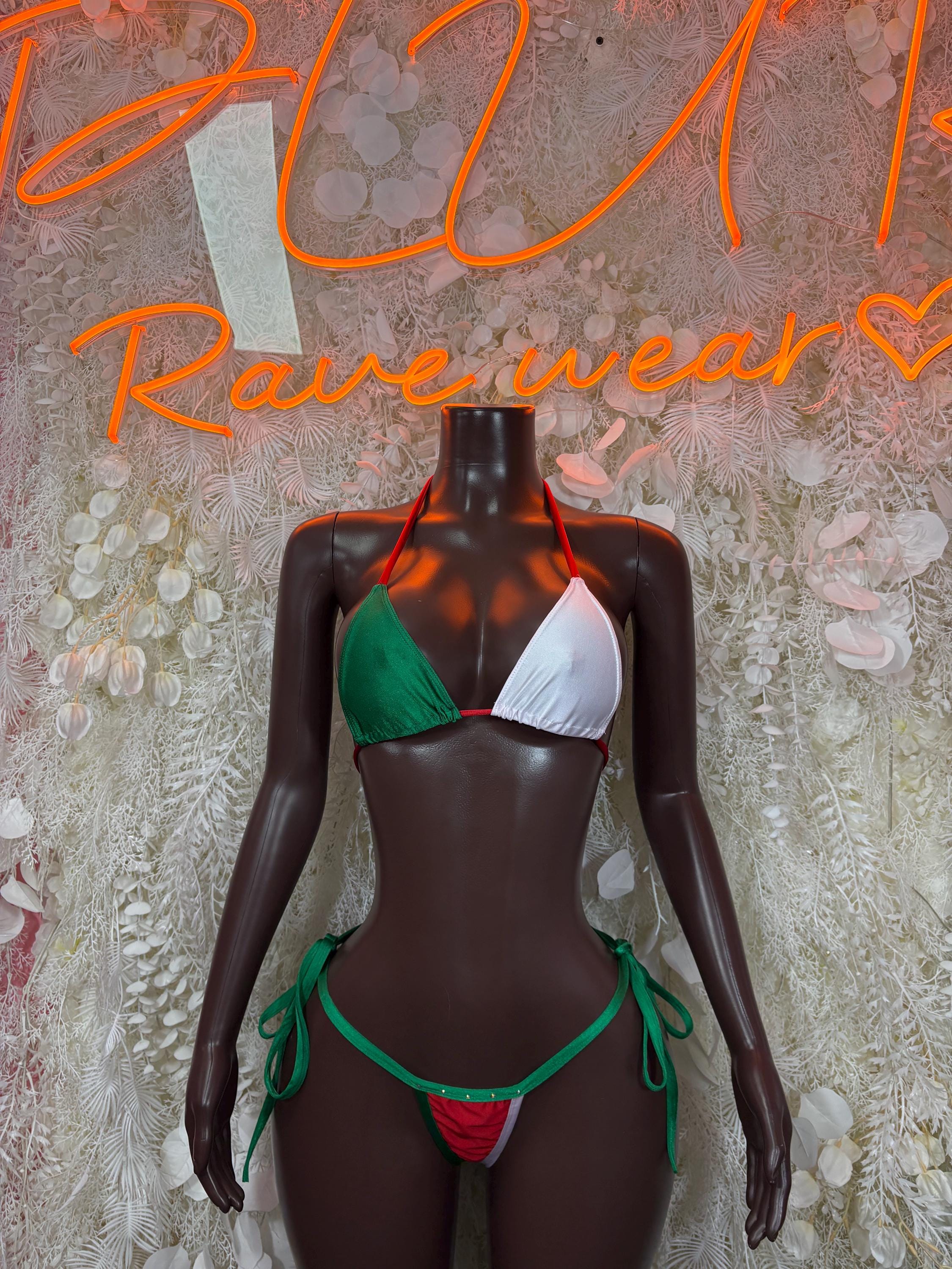 Red, green, and white triangle bikini with matching tied string bottoms